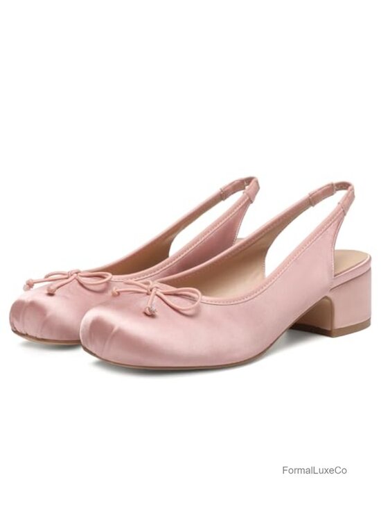 Shoes - Cute Bow Square Toe Low Chunky Heel Slingback Mary Jane Pumps Elastic Strap
